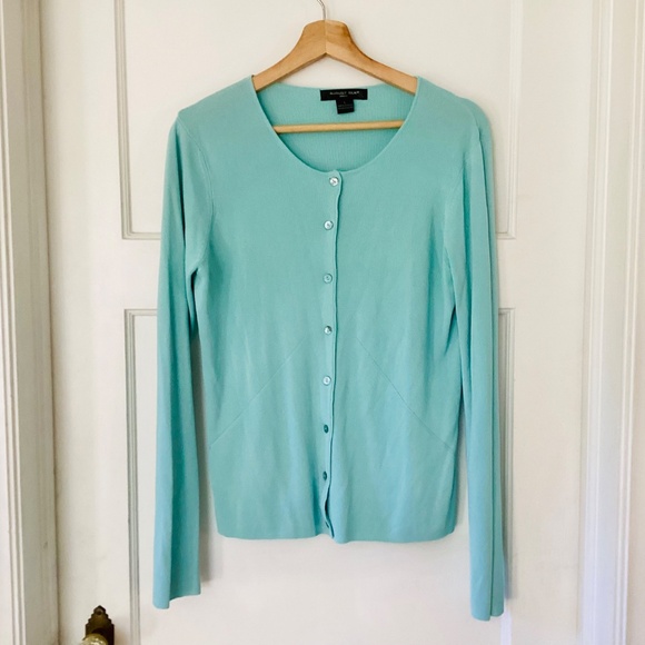 August Silk Rayon Blend Micro Rib Cardigan Women’s L Light Blue Feminine Preppy - Picture 12 of 13